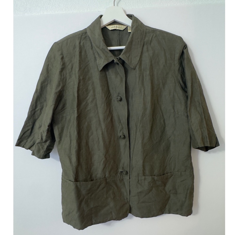 Eddie Bauer Silk Linen Jacket‎ Womens L Olive Green 3/4 Sleeve Lagenlook Coastal